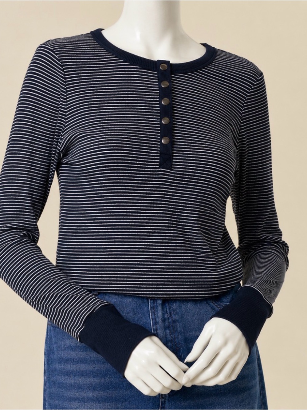 Doe & Rae Black & White Striped Henley Thumb Hole Long Sleeve Top